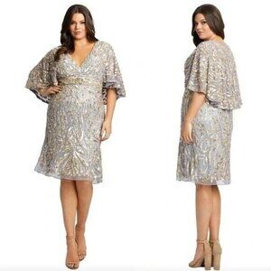NWT Mac Duggal Embellished Cape Sleeve Dress Plus Size Platinum Gold 5191